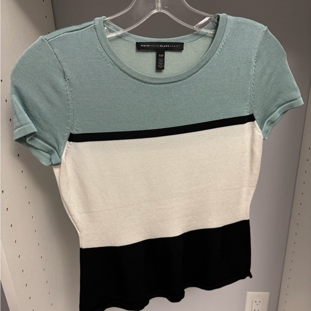 White House Black Market Fitted Color Block T-Shirt Green White